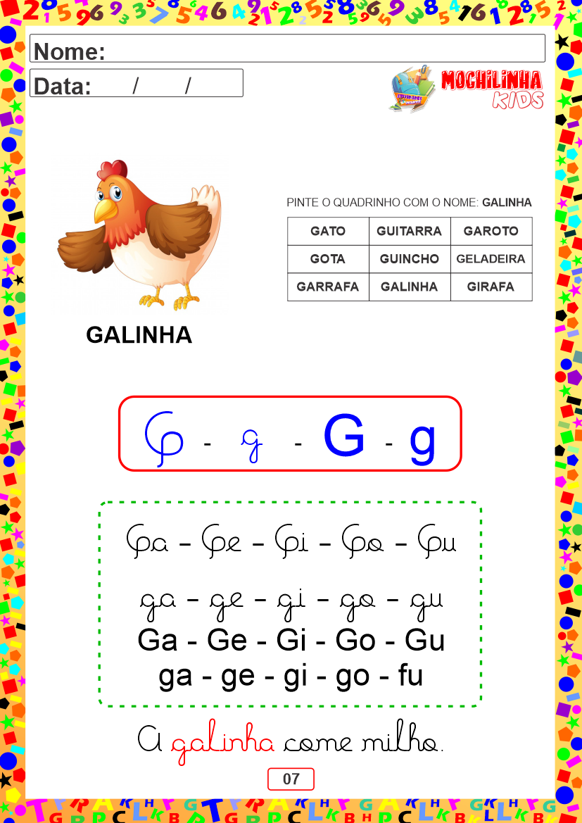 Atividade de alfabetização com a letra G
