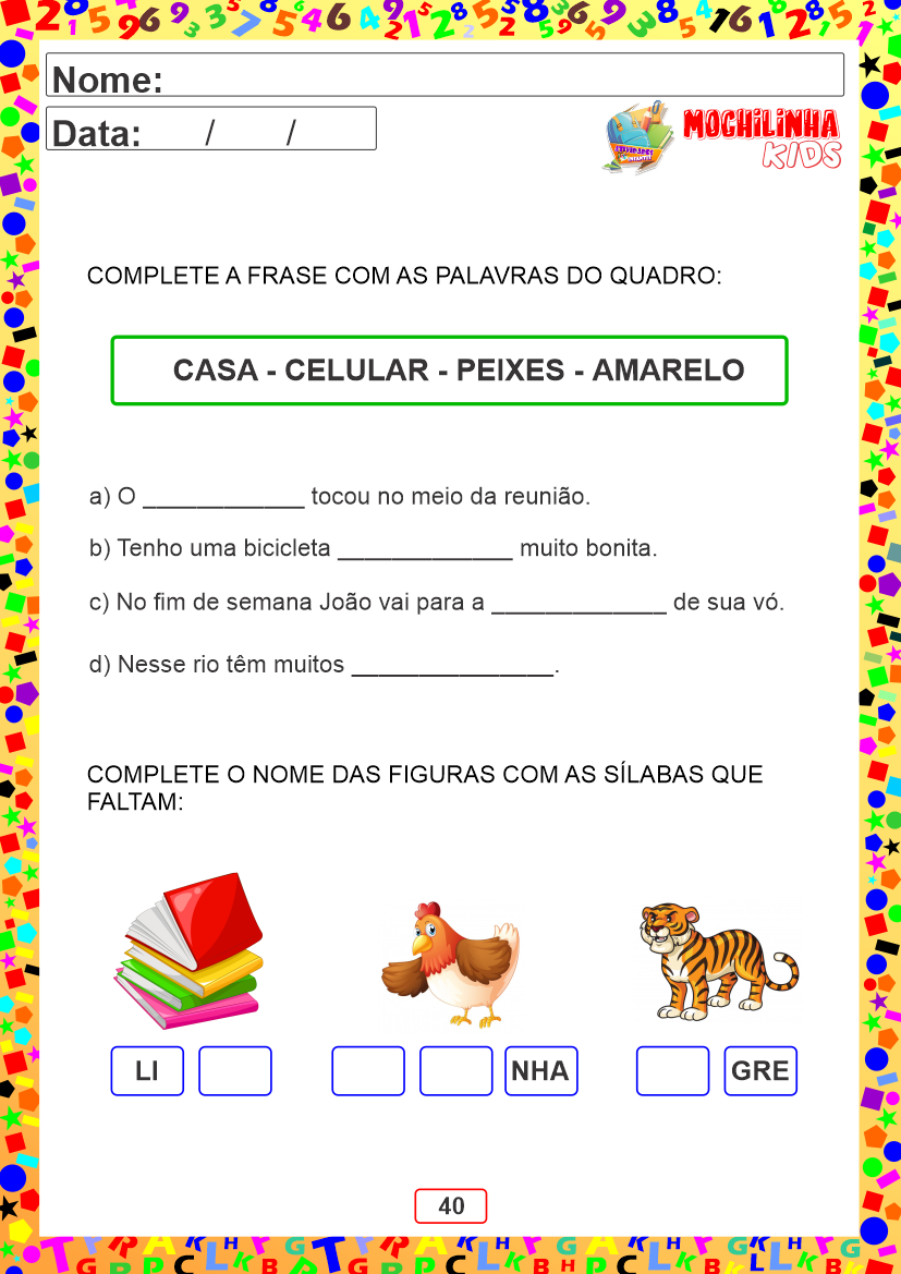 Atividade de completar frases e sílabas